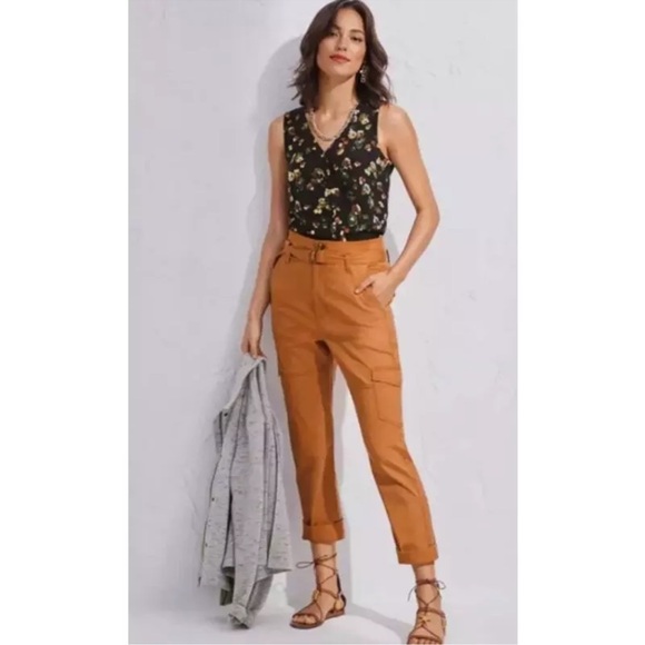 CABI #6045 Paper Bag Cargo Pants Burnt Orange Belted Straight Leg Women's Sz 10 - Picture 11 of 11